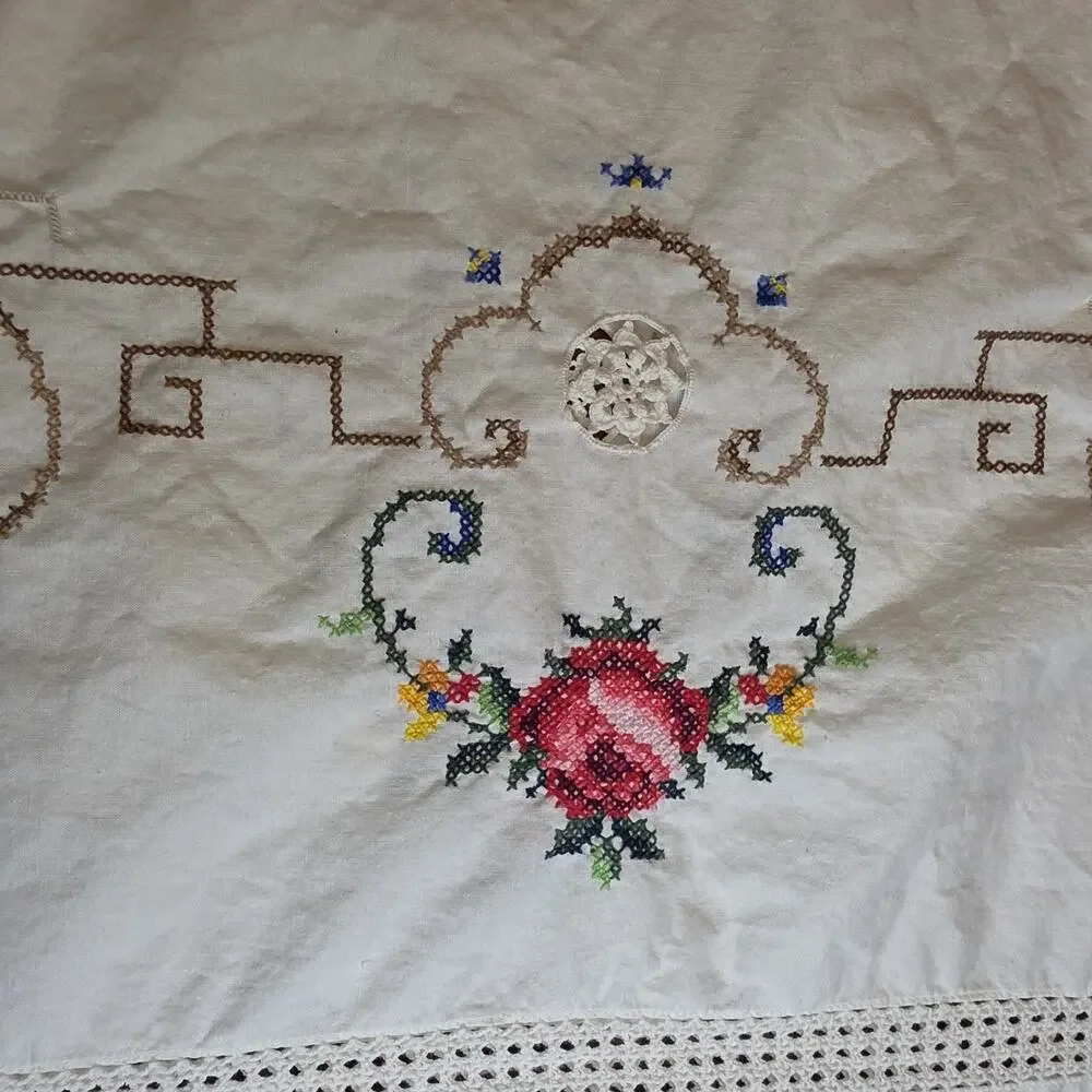 VTG Embroidered Cross Stitch Linen Tablecloth 112x64 White Crochet Edge Handmade